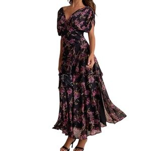 NWT Lulus Wrenna Black Floral Gathered Tiered Maxi Dress L Formal Party Dolman